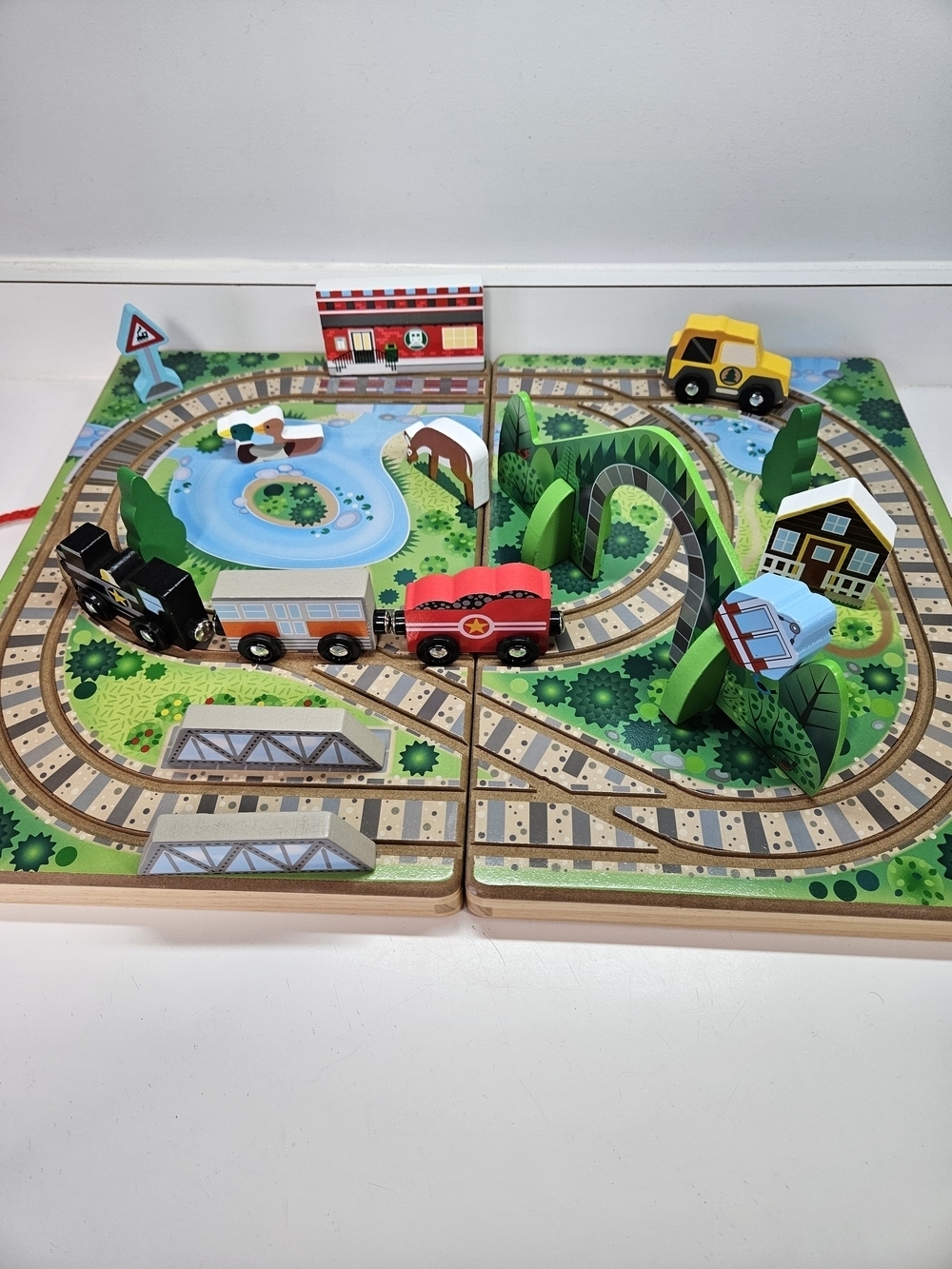 Melissa & Doug Wooden Take Along Railroad Set 17 Piece Tabletop Travel Trains
